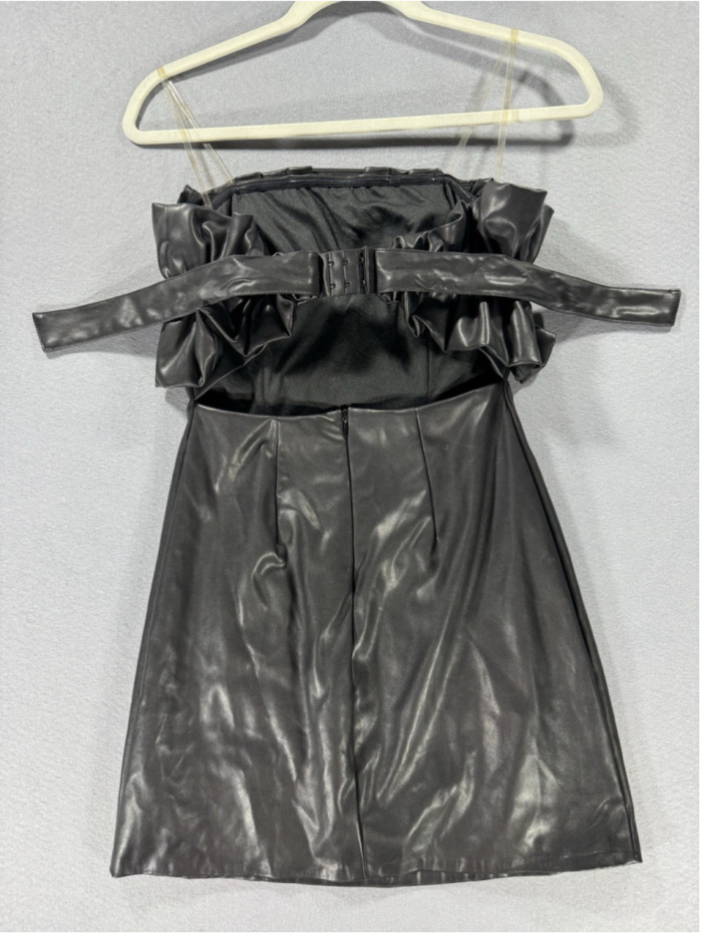 DO + BE Black Faux Leather Mini Dress Ruffle Bodice - Picture 12 of 13